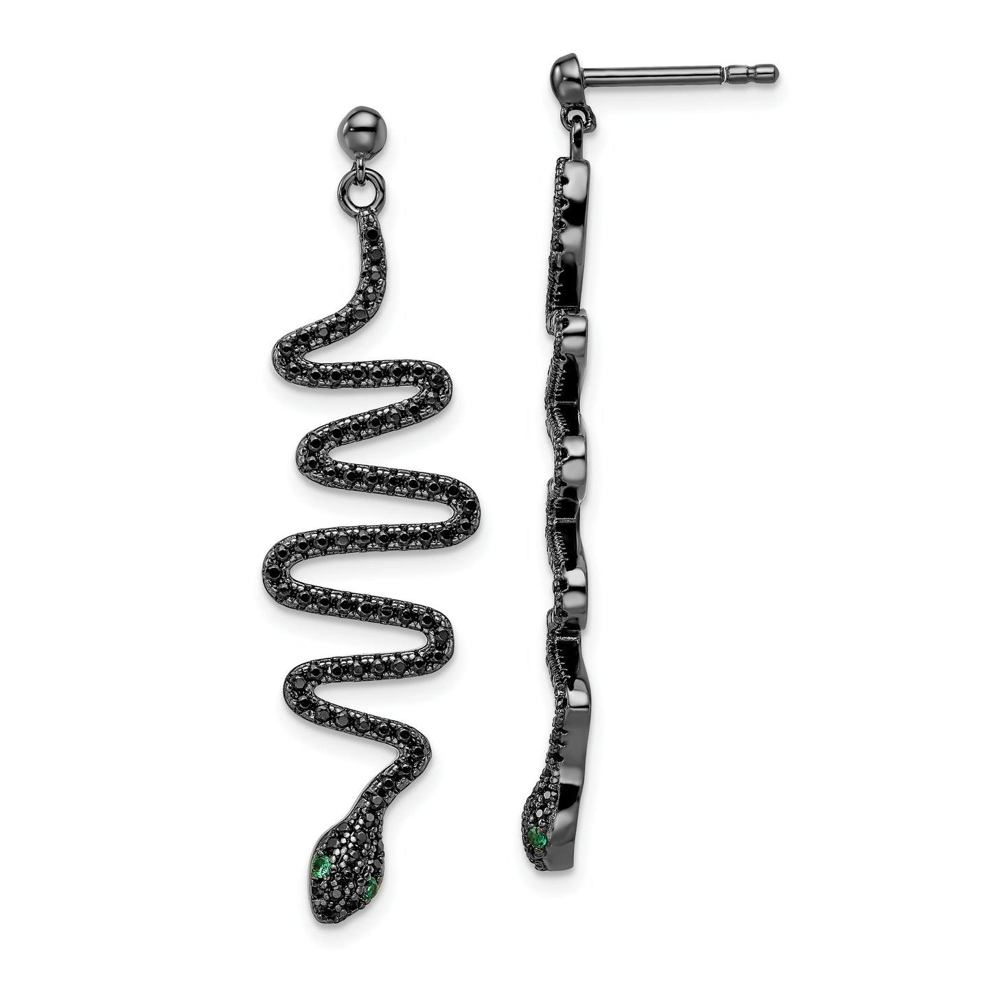 Sterling Silver Brilliant Embers Rhodium-Plated 170 Stone Green And Black Spinel Snake Post Dangle Earrings