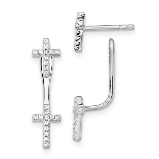 Sterling Silver Brilliant Embers Rhodium-Plated 46 Stone Micro Pav Cz Cross Front Back Earrings