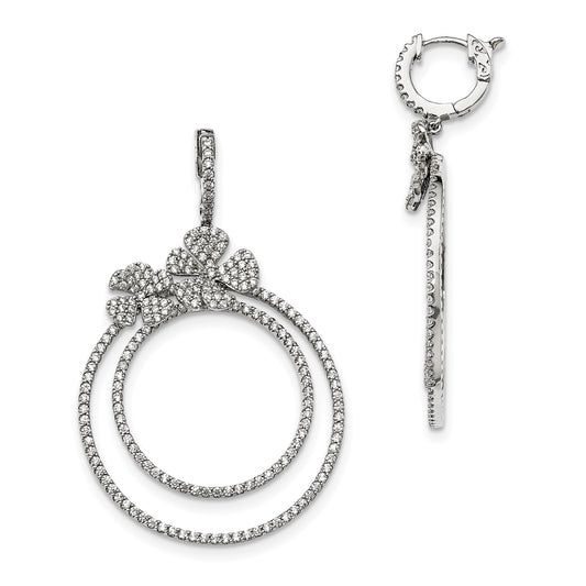 Sterling Silver Rhodium-Plated Cz Hinged Hoop Dangle Earrings