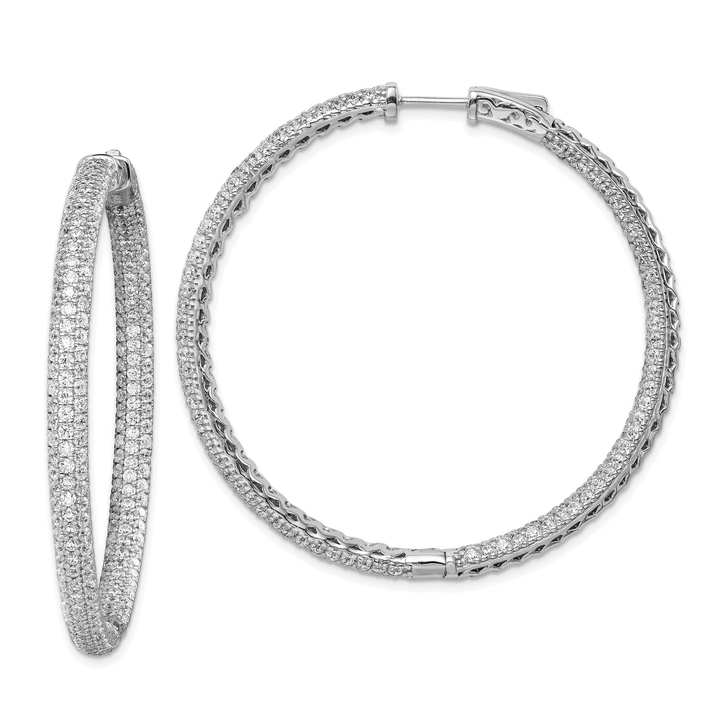 Sterling Silver Shimmer Rhodium-Plated 460 Stone Pav 1.5mm Cz In And Out Round Hinged Hoop Earrings