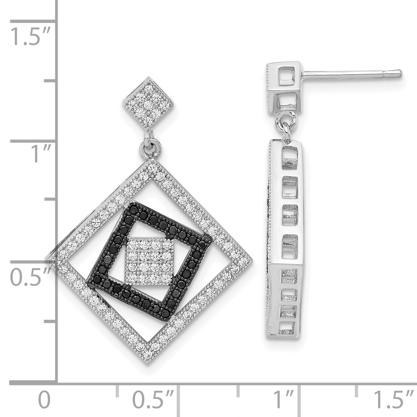 Sterling Silver True Fire Black & Clear Cz Square Design Dangle Earrings