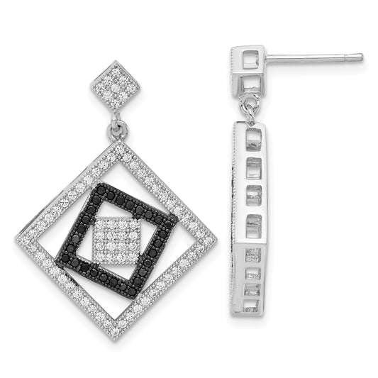 Sterling Silver True Fire Black & Clear Cz Square Design Dangle Earrings