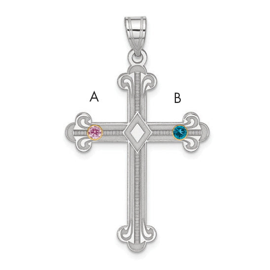 Sterling Silver Rh-Plt/14K Bezel Crystal Family Cross Pendant