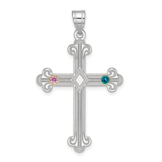 Sterling Silver Rh-Plt/14K Bezel Crystal Family Cross Pendant