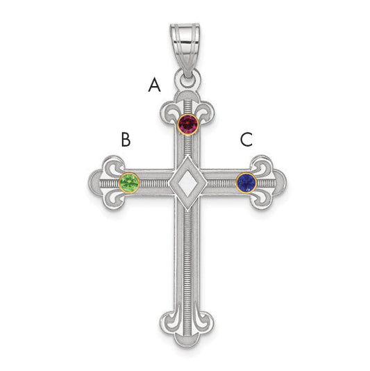 Sterling Silver Rh-Plt/14K Bezel Crystal Family Cross Pendant