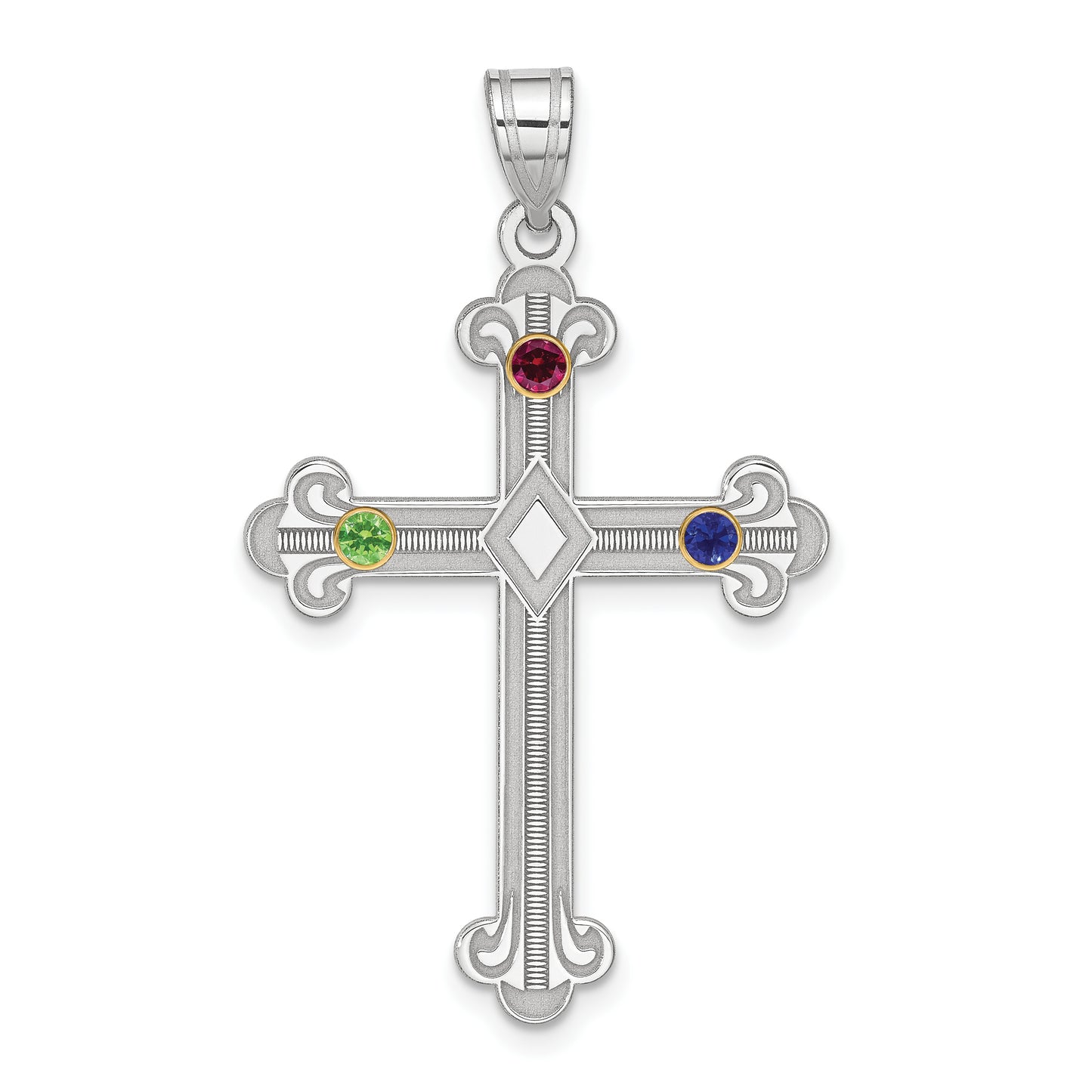 Sterling Silver Rh-Plt/14K Bezel Crystal Family Cross Pendant