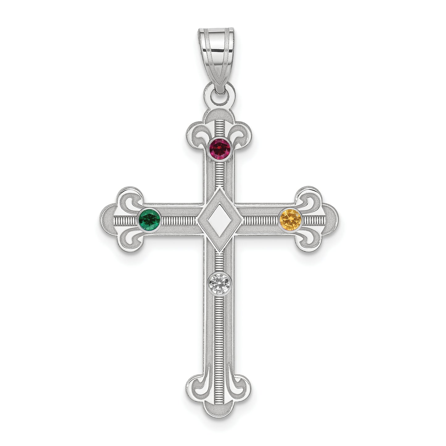 Sterling Silver Rh-Plt Crystal Family Cross Pendant