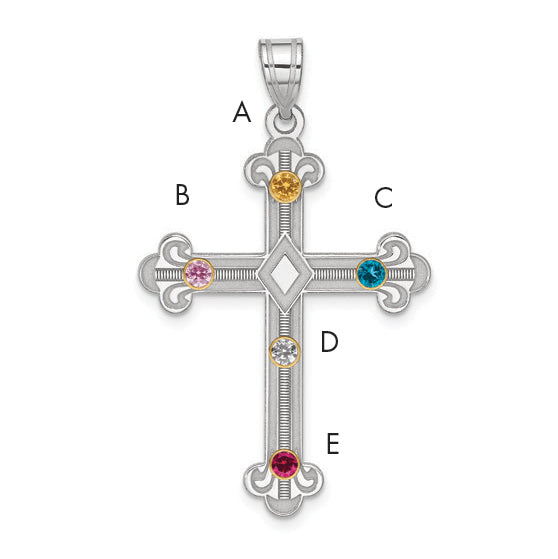 Sterling Silver Rh-Plt/14K Bezel Crystal Family Cross Pendant