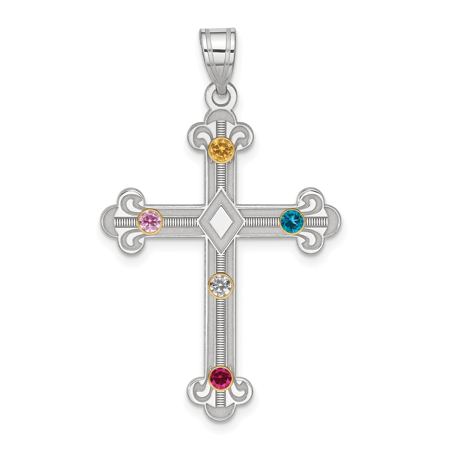 Sterling Silver Rh-Plt/14K Bezel Crystal Family Cross Pendant