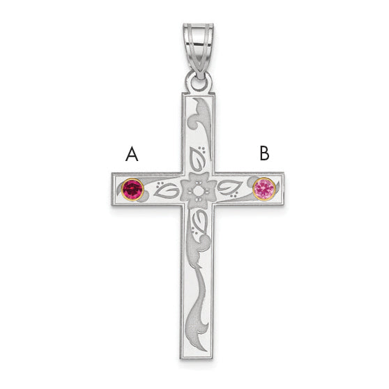 Sterling Silver Rh-Plt/14K Bezel Crystal Family Cross Pendant