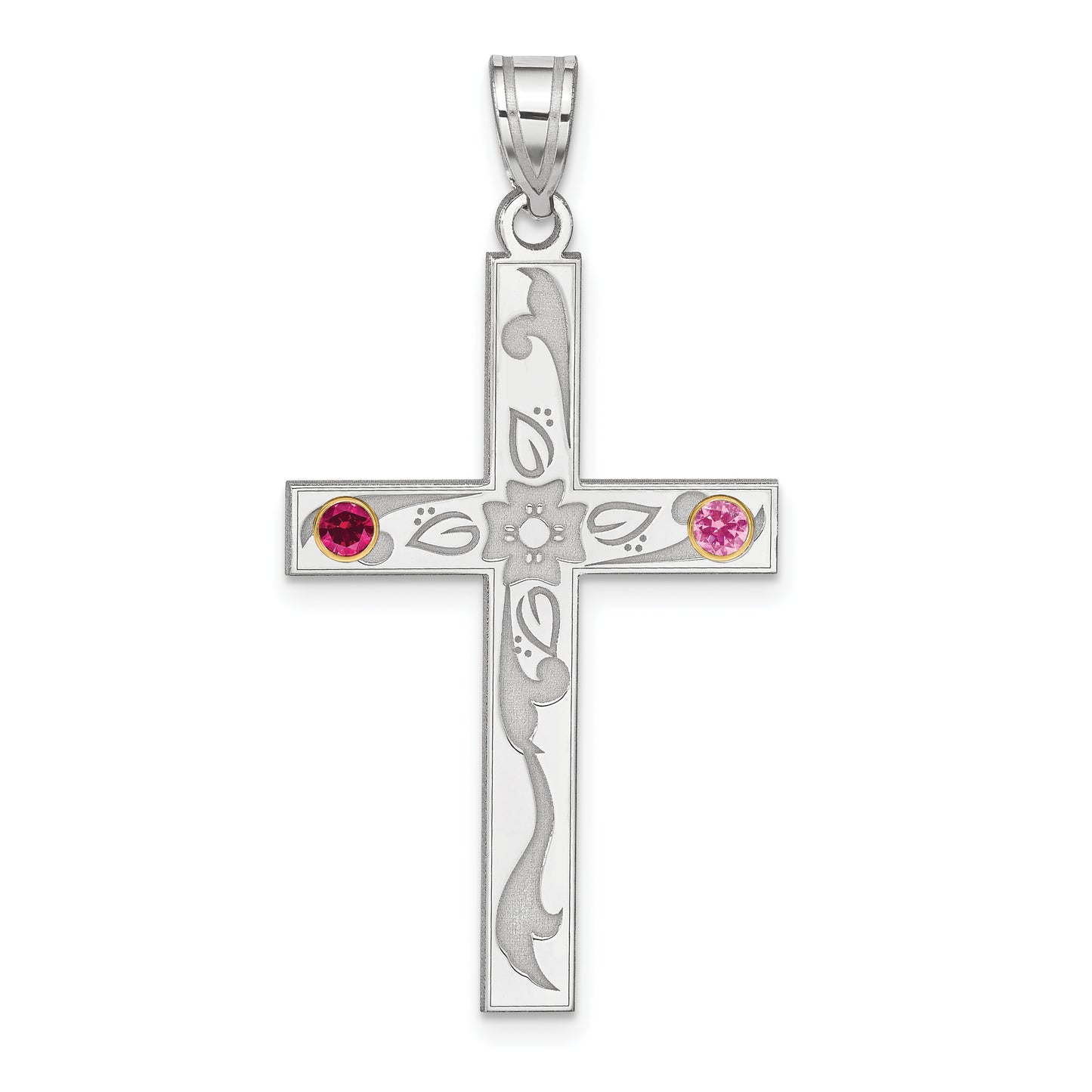 Sterling Silver Rh-Plt/14K Bezel Crystal Family Cross Pendant