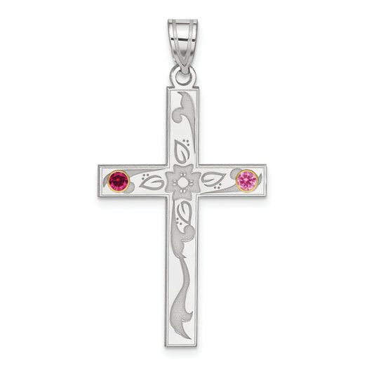 Sterling Silver Rh-Plt/14K Bezel Crystal Family Cross Pendant