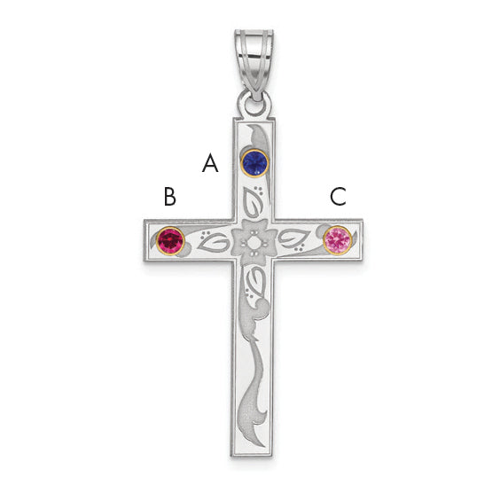 Sterling Silver Rh-Plt/14K Bezel Crystal Family Cross Pendant