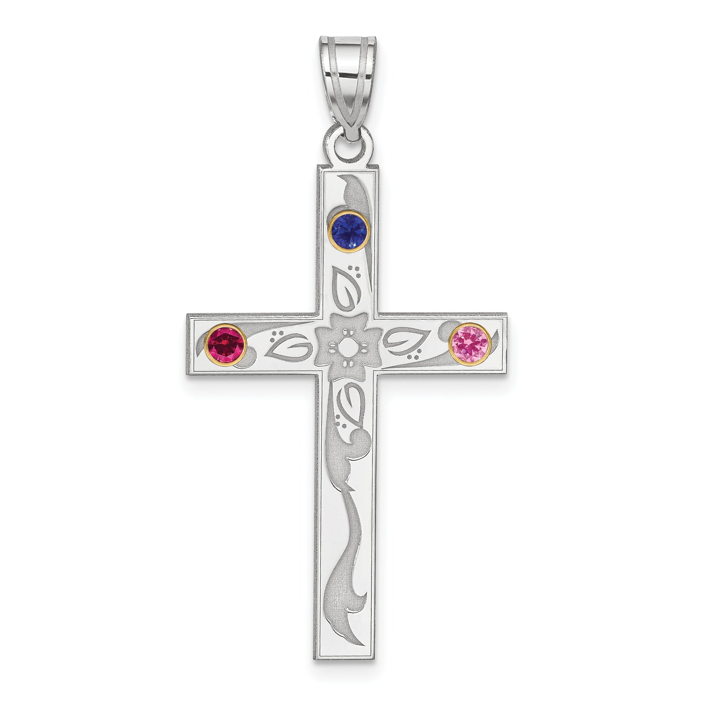 Sterling Silver Rh-Plt/14K Bezel Crystal Family Cross Pendant