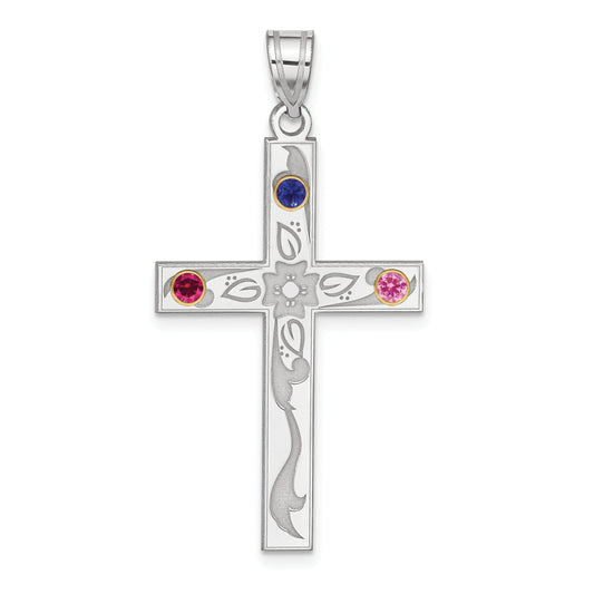 Sterling Silver Rh-Plt/14K Bezel Crystal Family Cross Pendant