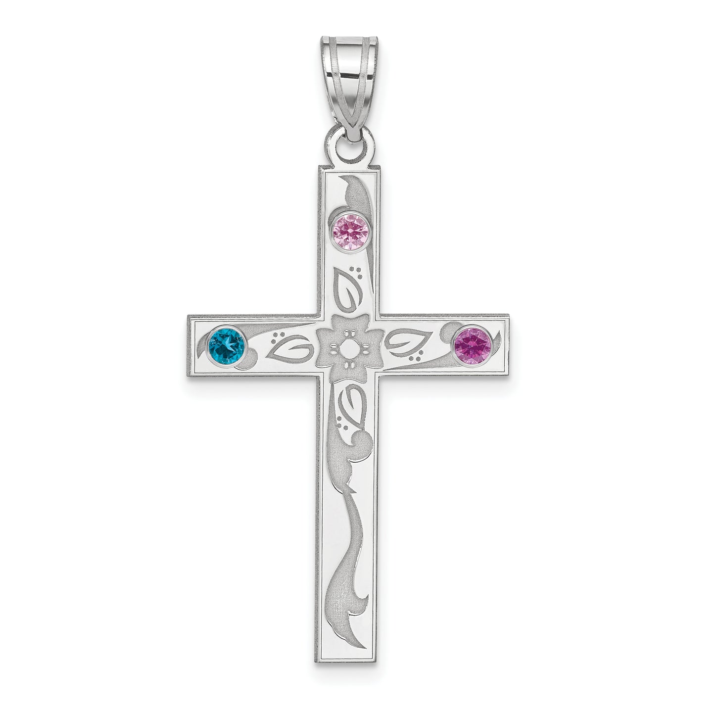 Sterling Silver Rh-Plt Crystal Family Cross Pendant