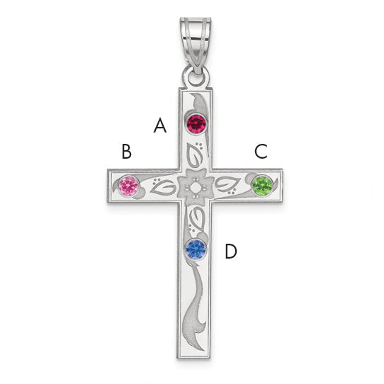 Sterling Silver Rh-Plt Crystal Family Cross Pendant