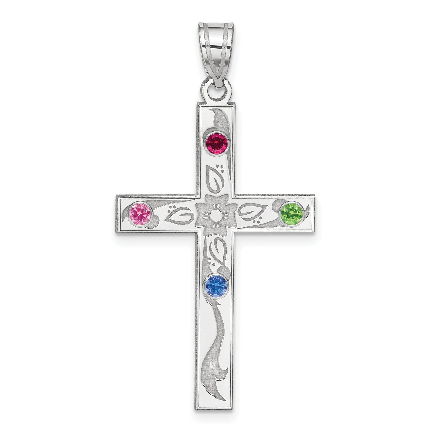 Sterling Silver Rh-Plt Crystal Family Cross Pendant