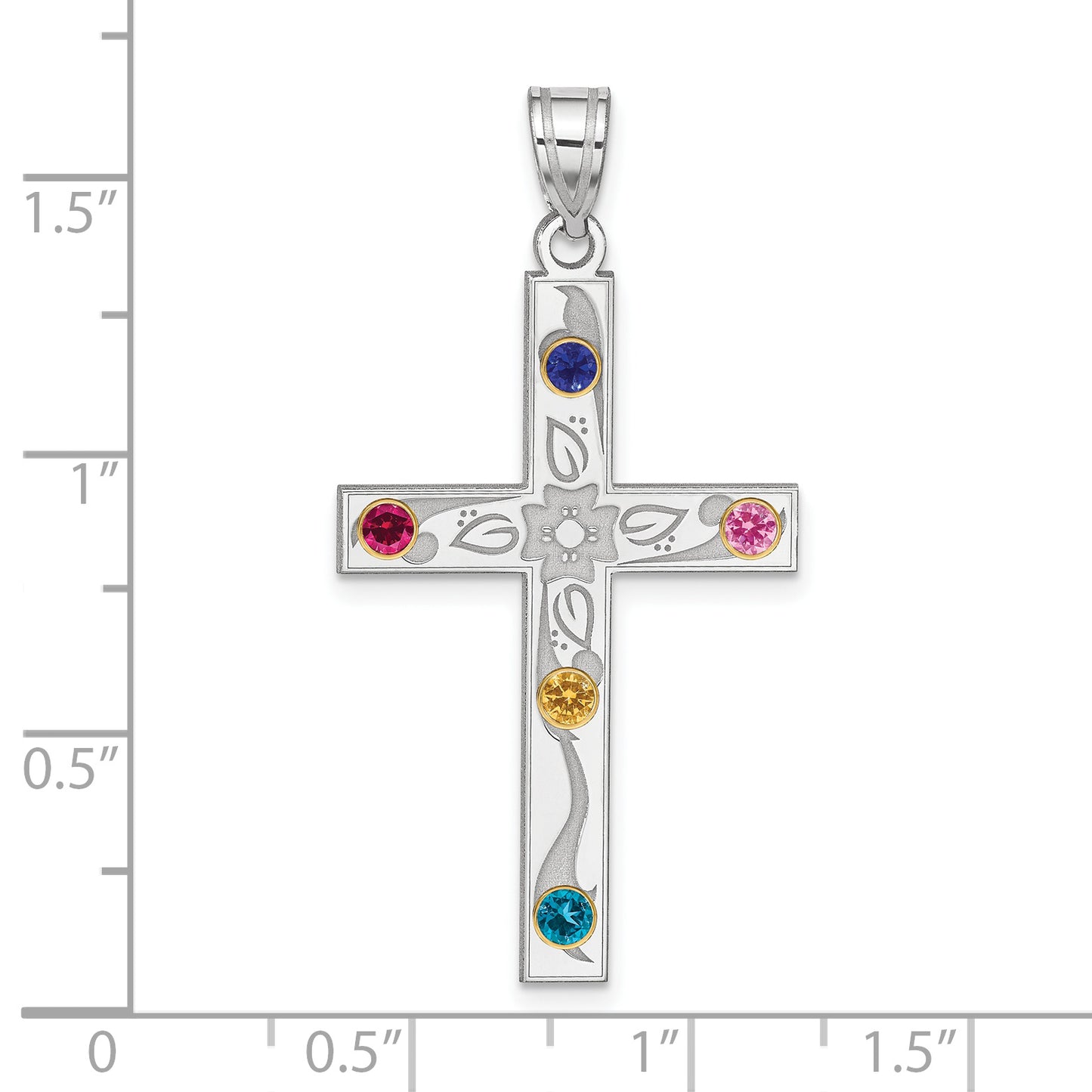 Sterling Silver Rh-Plt/14K Bezel Crystal Family Cross Pendant