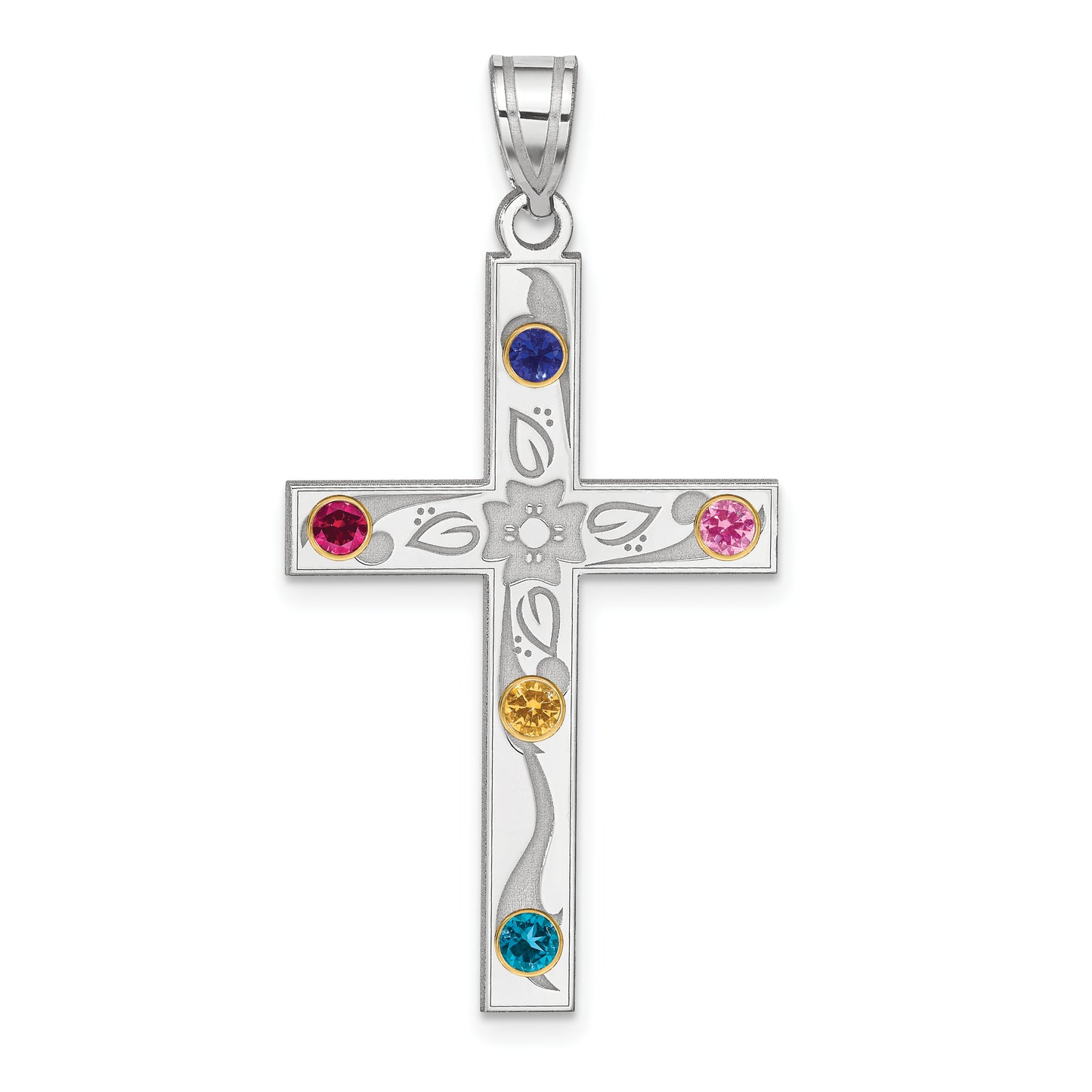 Sterling Silver Rh-Plt/14K Bezel Crystal Family Cross Pendant