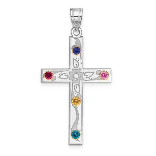 Sterling Silver Rh-Plt/14K Bezel Crystal Family Cross Pendant