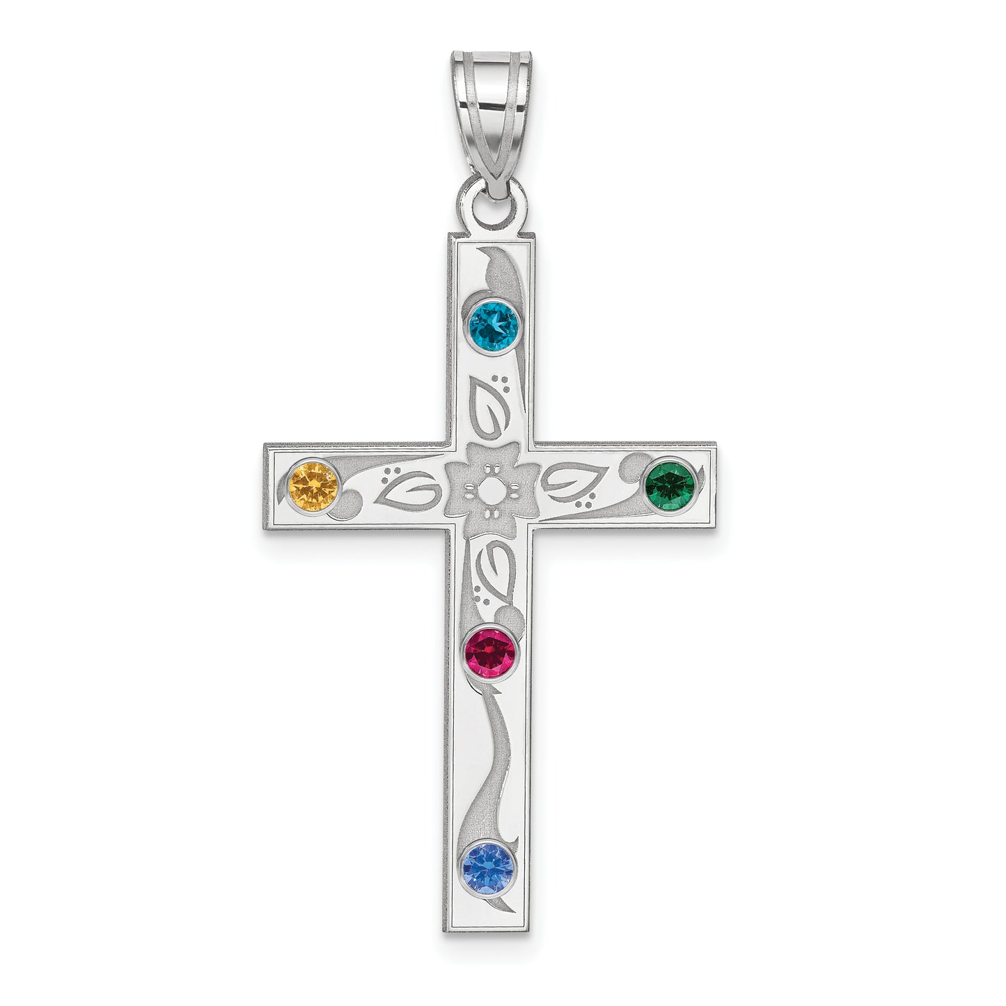 Sterling Silver Rh-Plt Crystal Family Cross Pendant