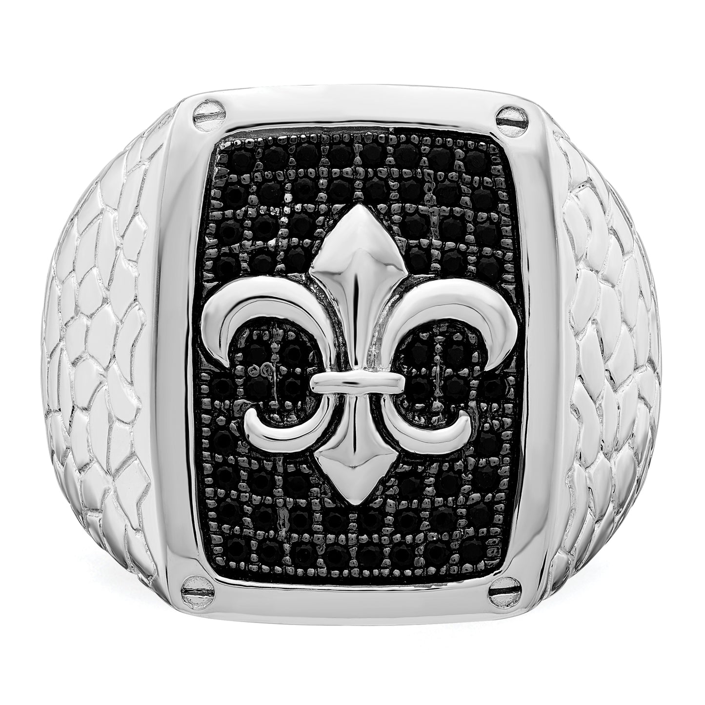 Sterling Silver Brilliant Embers Rhodium-Plated 62 Stone Black Micro Pav Cz Fleur De Lis Men'S Ring