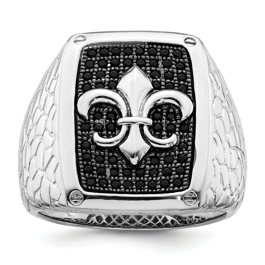 Sterling Silver Brilliant Embers Rhodium-Plated 62 Stone Black Micro Pav Cz Fleur De Lis Men'S Ring