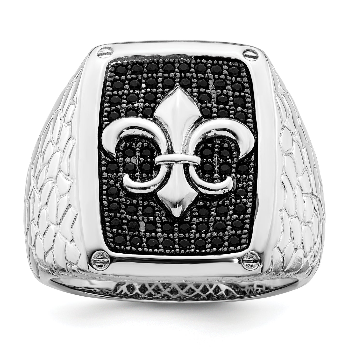 Sterling Silver Brilliant Embers Rhodium-Plated 62 Stone Black Micro Pav Cz Fleur De Lis Men'S Ring