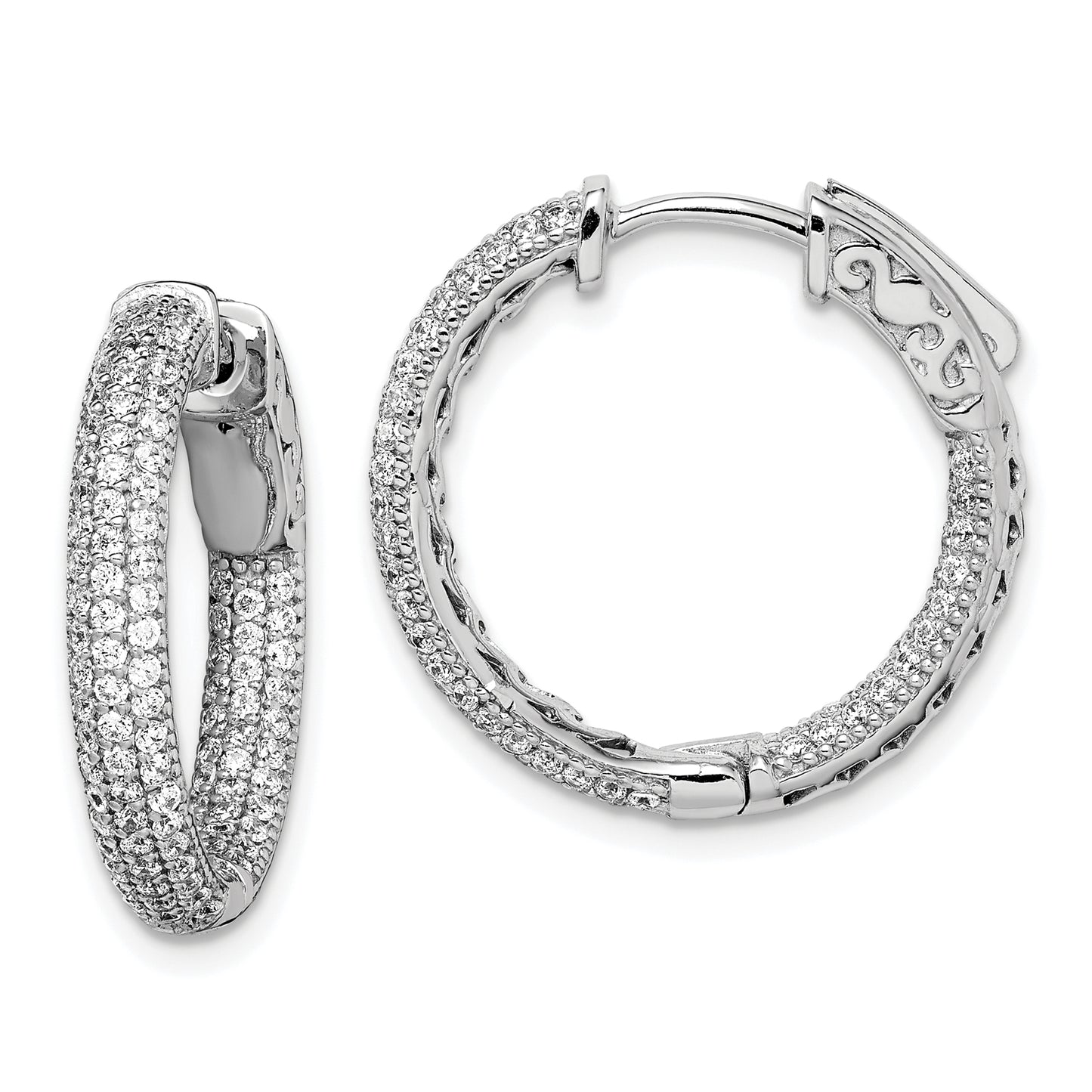 Sterling Silver Shimmer Rhodium-Plated 200 Stone Pav 1.1mm Cz In And Out Round Hinged Hoop Earrings