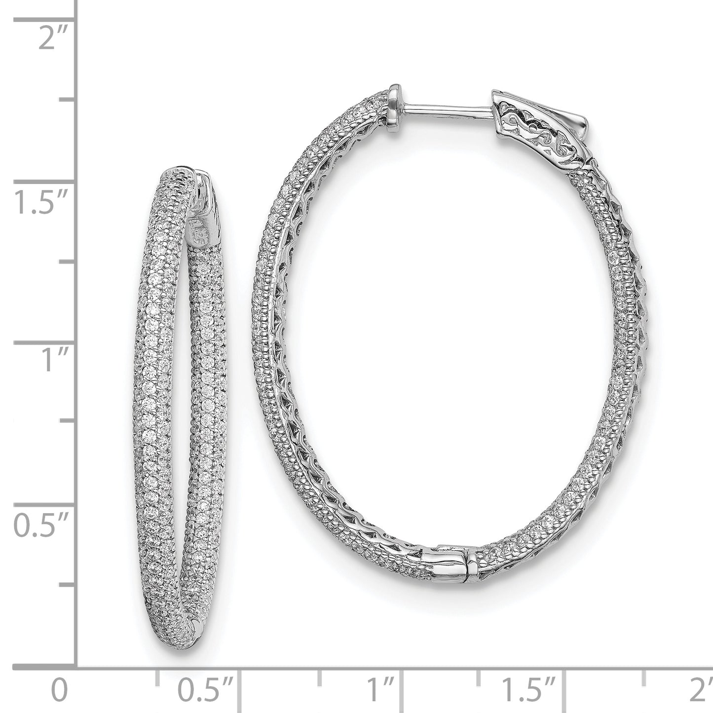 Sterling Silver Shimmer Rhodium-Plated 400 Stone Pav 1.1mm Cz In And Out Oval Hinged Hoop Earrings