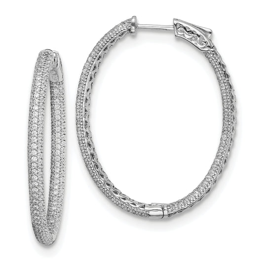 Sterling Silver Shimmer Rhodium-Plated 400 Stone Pav 1.1mm Cz In And Out Oval Hinged Hoop Earrings