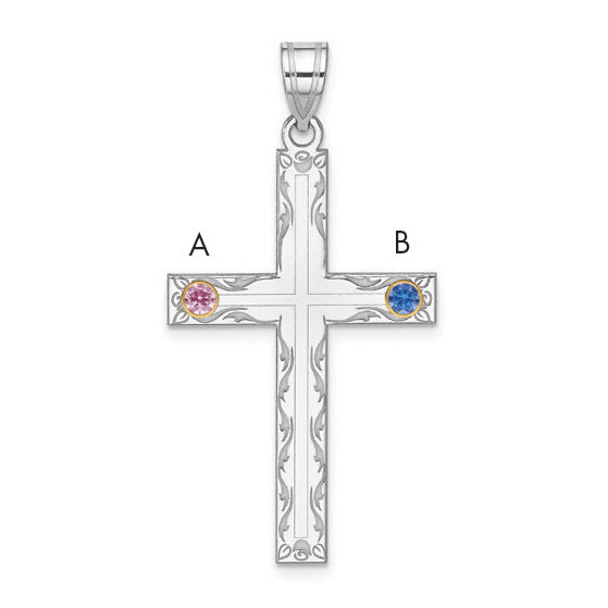 Sterling Silver Rh-Plt/14K Bezel Crystal Family Cross Pendant