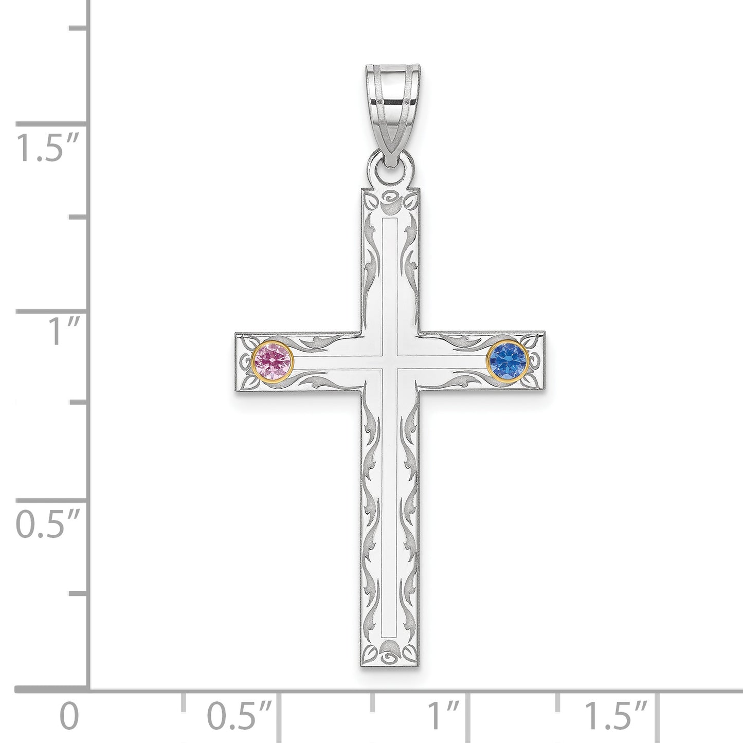 Sterling Silver Rh-Plt/14K Bezel Crystal Family Cross Pendant