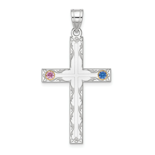 Sterling Silver Rh-Plt/14K Bezel Crystal Family Cross Pendant