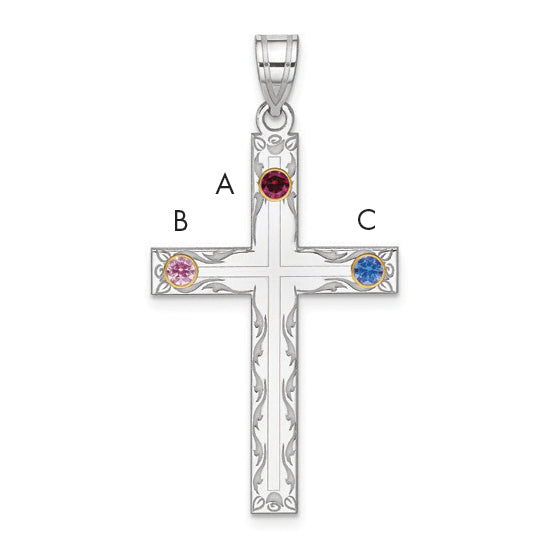 Sterling Silver Rh-Plt/14K Bezel Crystal Family Cross Pendant