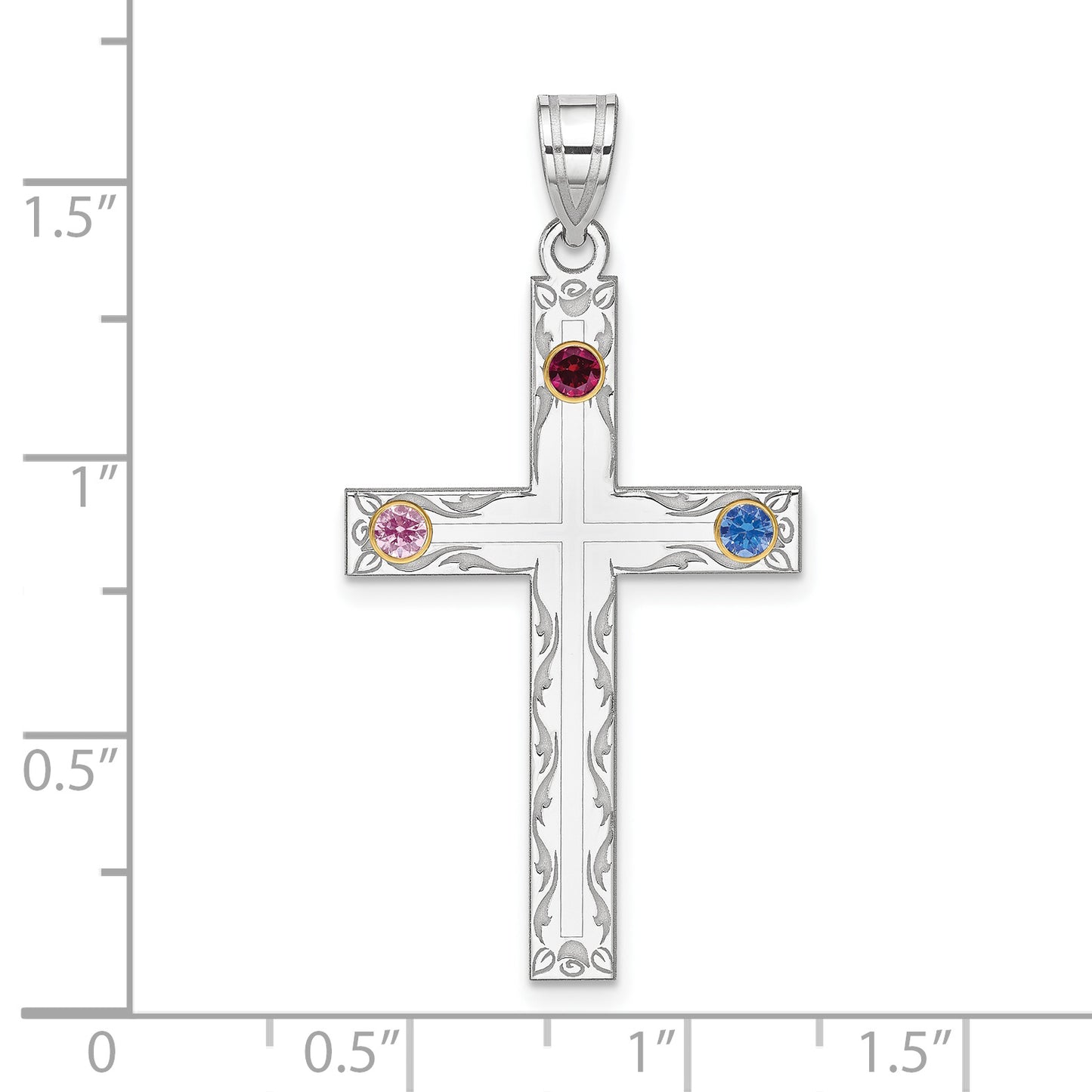 Sterling Silver Rh-Plt/14K Bezel Crystal Family Cross Pendant