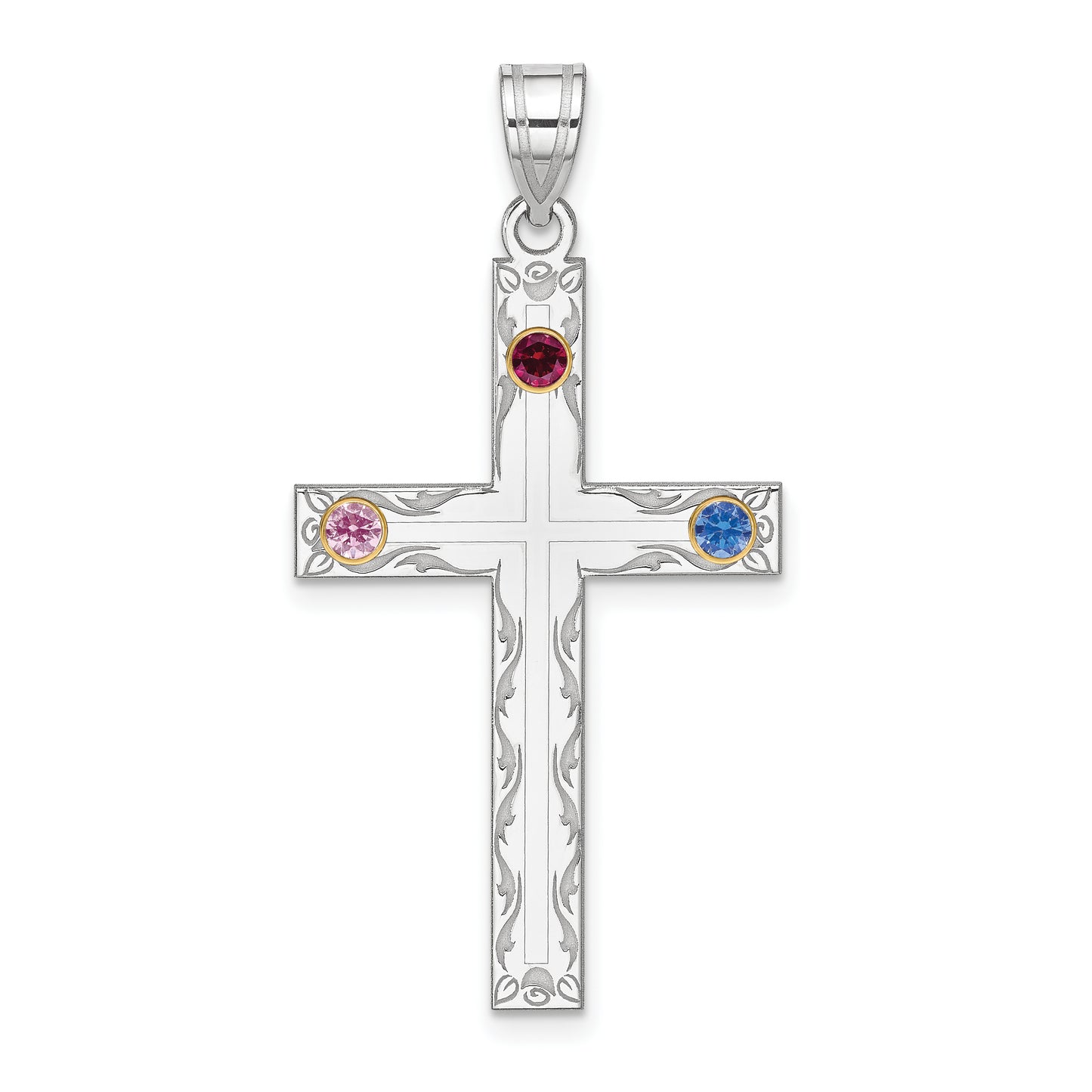 Sterling Silver Rh-Plt/14K Bezel Crystal Family Cross Pendant