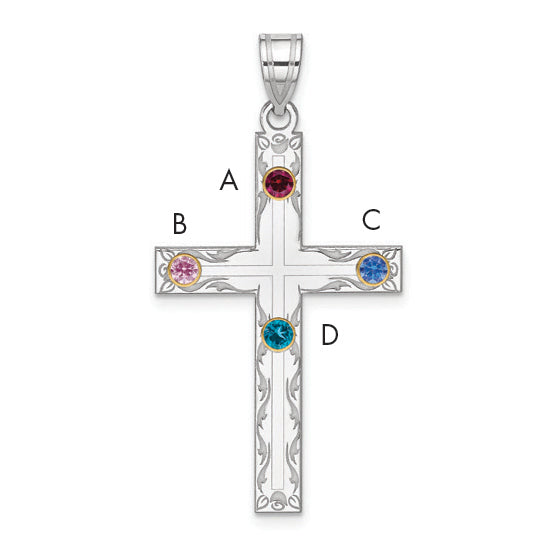 Sterling Silver Rh-Plt/14K Bezel Crystal Family Cross Pendant