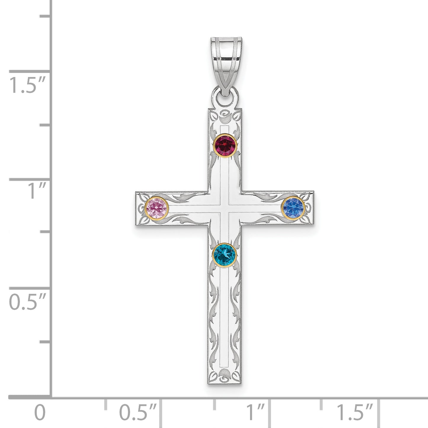 Sterling Silver Rh-Plt/14K Bezel Crystal Family Cross Pendant