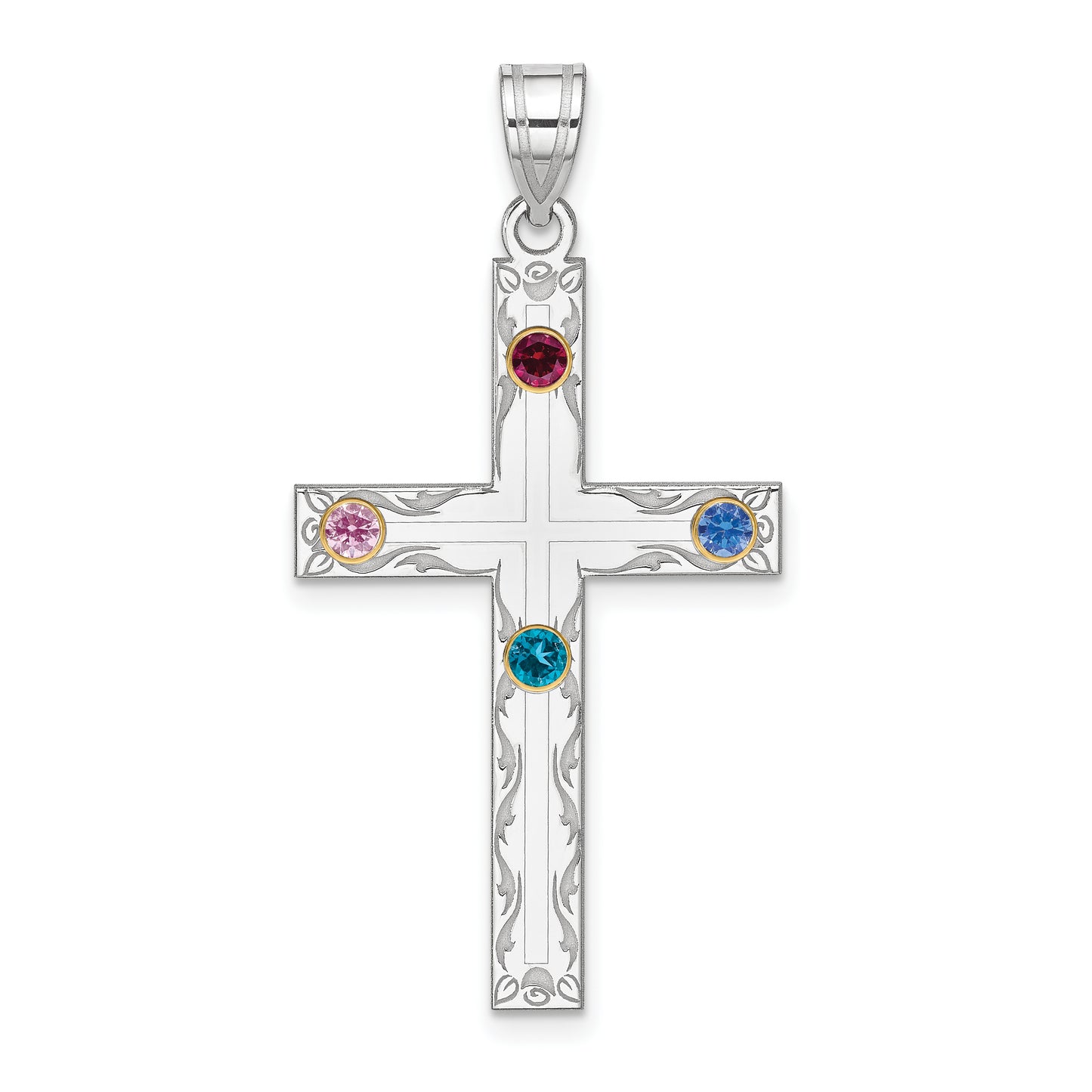 Sterling Silver Rh-Plt/14K Bezel Crystal Family Cross Pendant