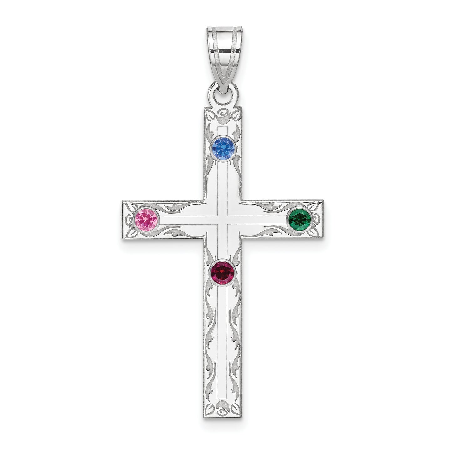 Sterling Silver Rh-Plt Crystal Family Cross Pendant