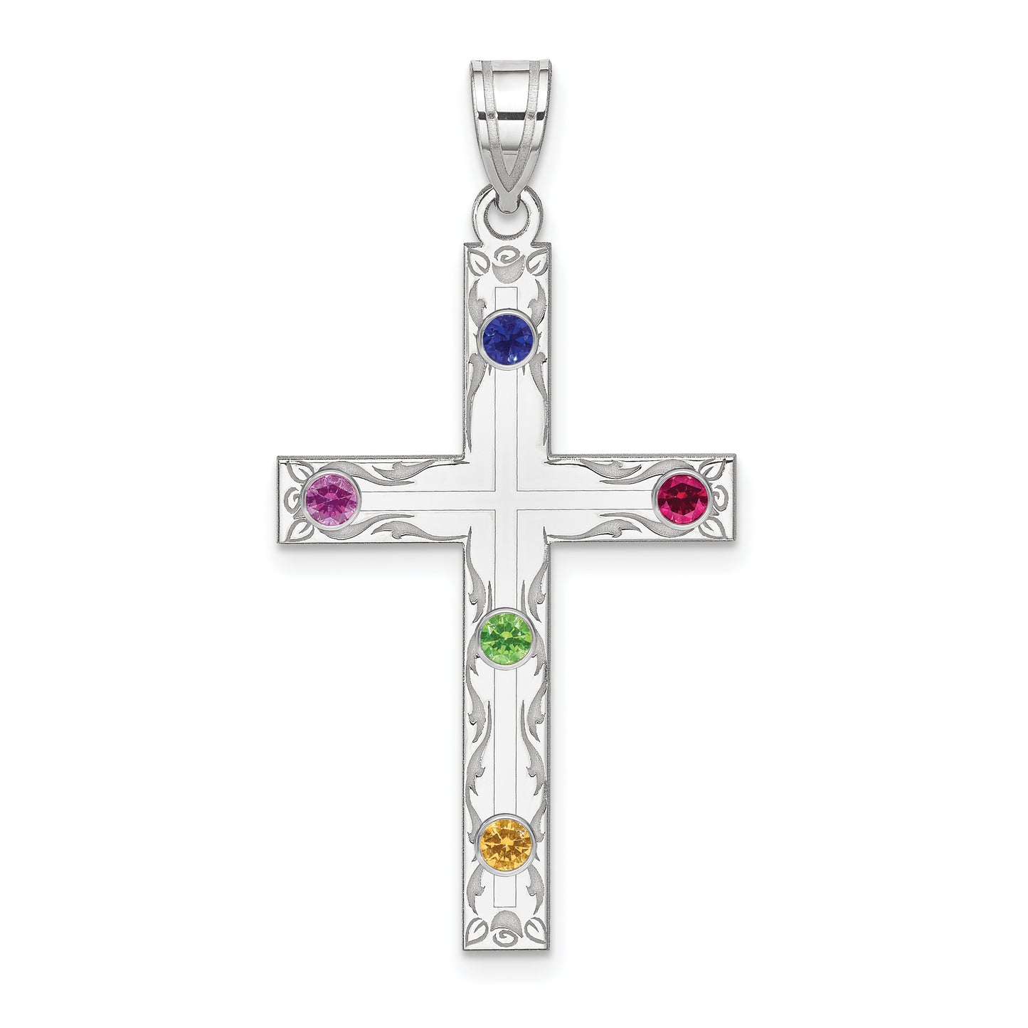 Sterling Silver Rh-Plt Crystal Family Cross Pendant