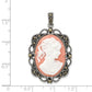 Sterling Silver Antiqued Marcasite Plastic Pink Cameo Pendant