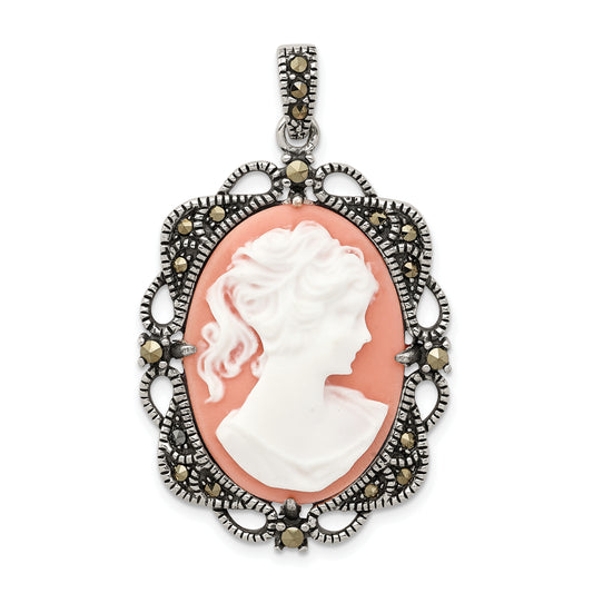 Sterling Silver Antiqued Marcasite Plastic Pink Cameo Pendant