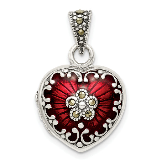 Sterling Silver Antiqued Red Enamel And Marcasite Heart Locket