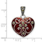 Sterling Silver Antiqued Red Enamel And Marcasite Heart Pendant