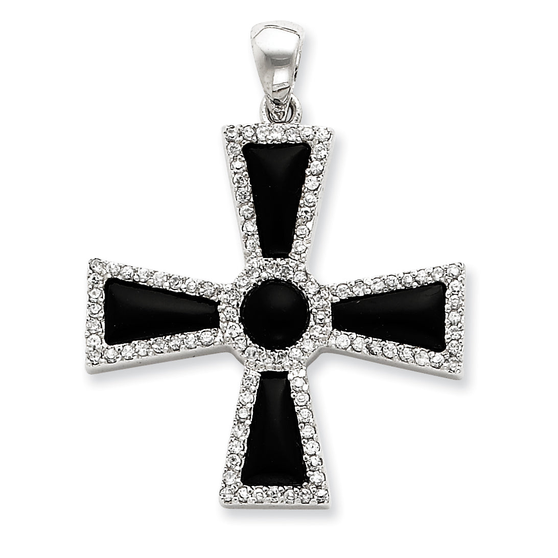 Sterling Silver Cz & Onyx Cross Pendant