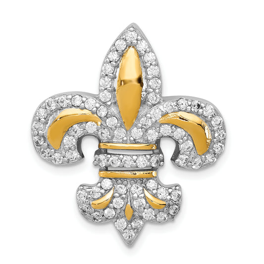 Sterling Silver Cz Fleur De Lis W/ Flash Gold-Plated Chain Slide Pendant