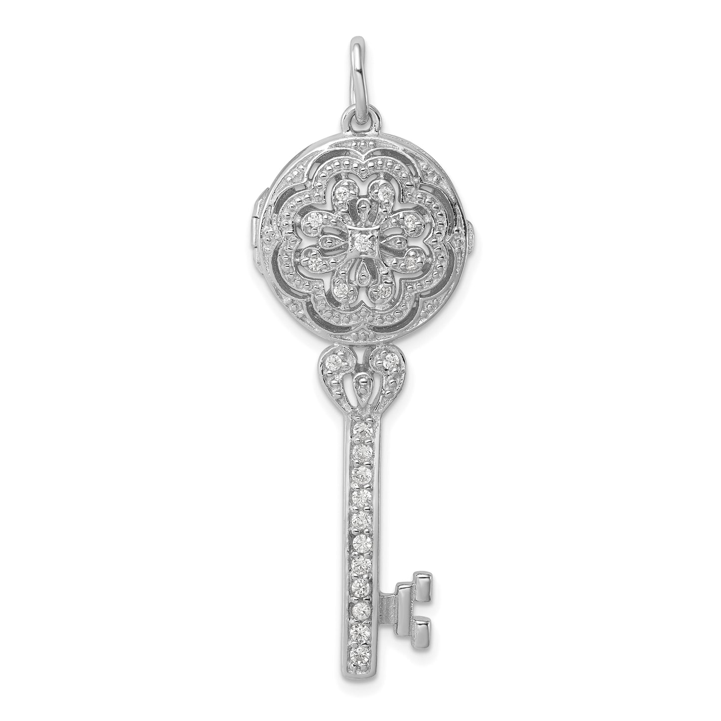 Sterling Silver Rhodium-Plated Cz Filigree Locket Key Pendant